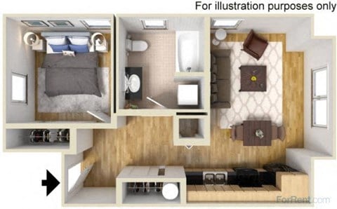 Floor plan for 1 bed, 1 bath, 530 sqft